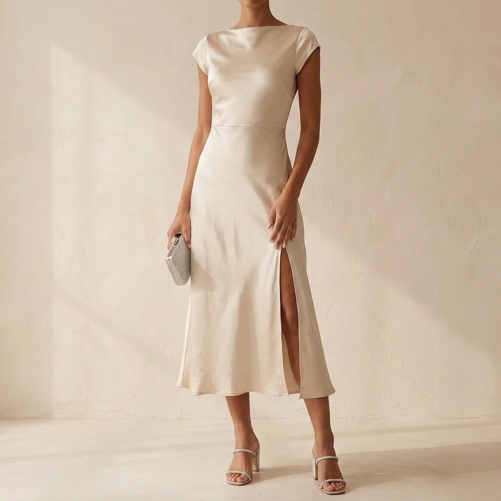 Helen | Polished Satin Midi Christmas Dress