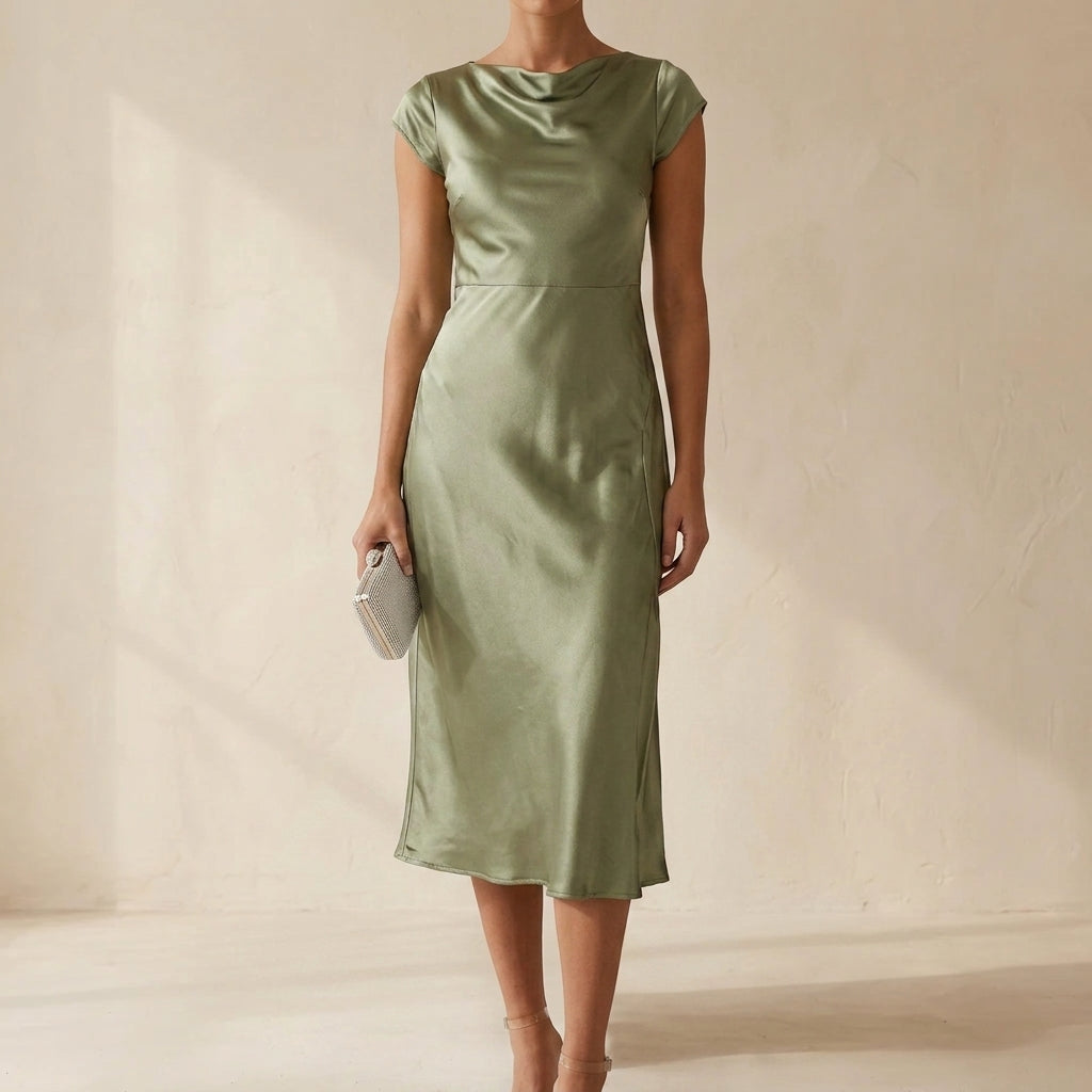 Helen | Polished Satin Midi Christmas Dress