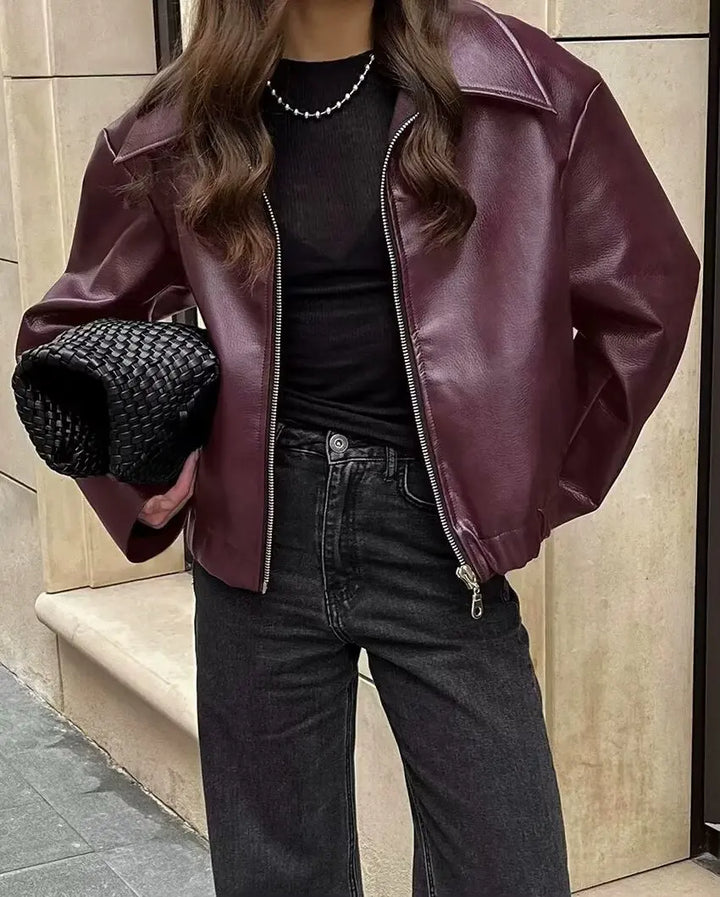 Isabella | Classic Collared Leather Bomber Jacket