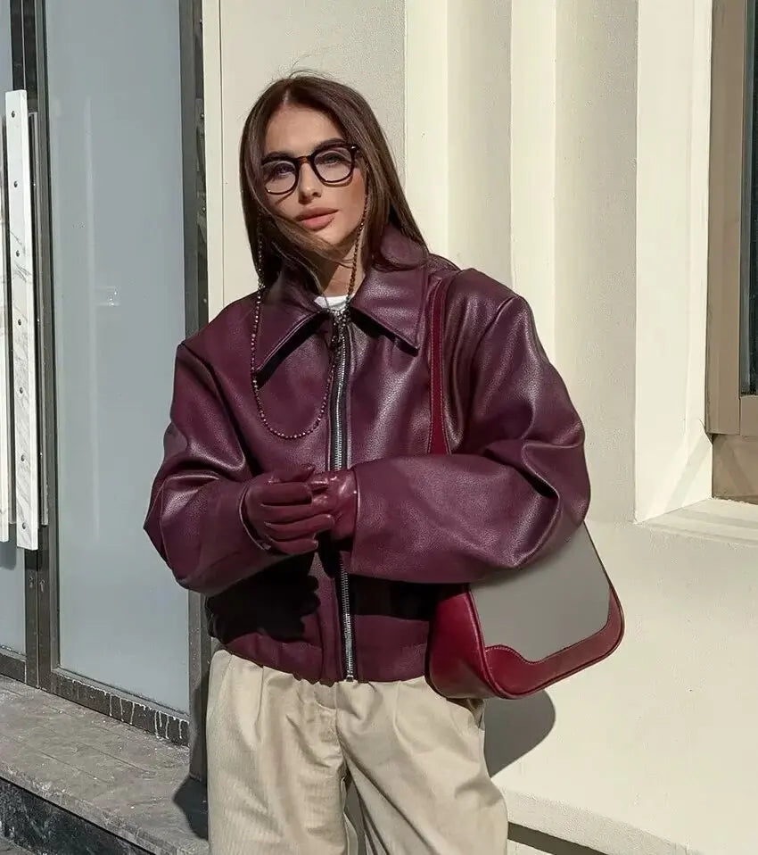 Isabella | Classic Collared Leather Bomber Jacket
