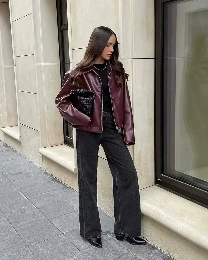 Isabella | Classic Collared Leather Bomber Jacket