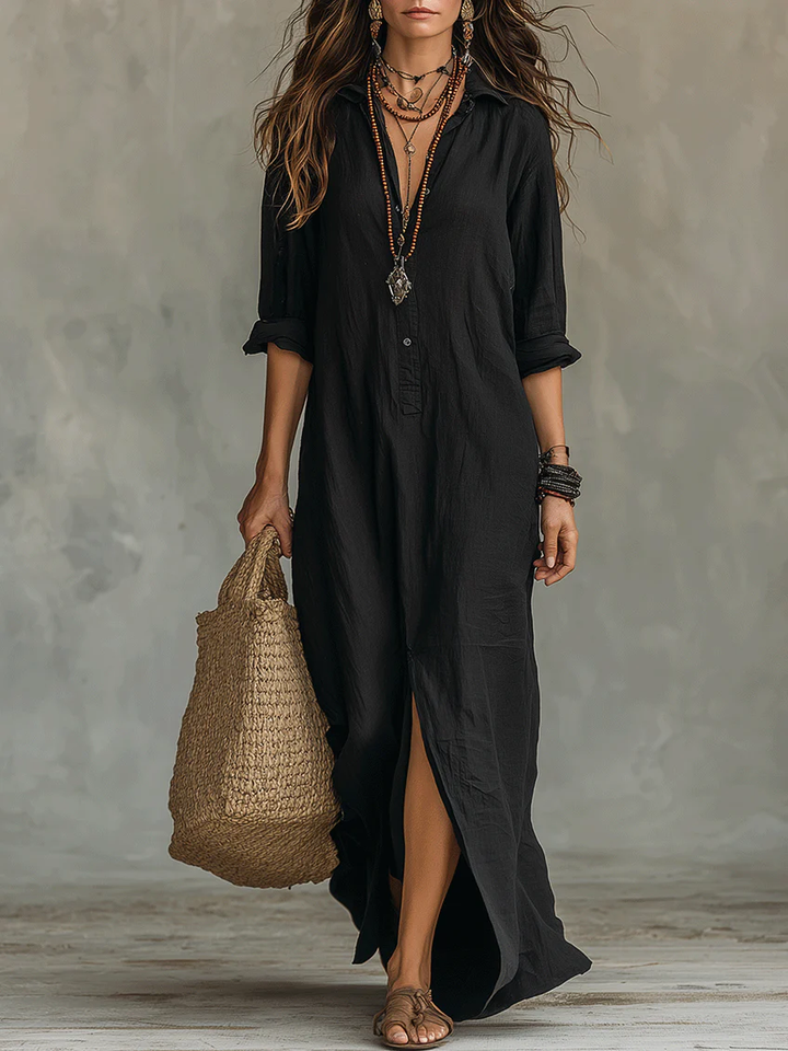 Isabella | Timeless Long Sleeve Button-Front Maxi Shirt Dress