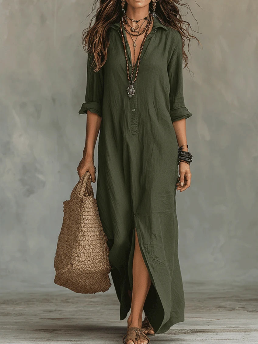 Isabella | Timeless Long Sleeve Button-Front Maxi Shirt Dress