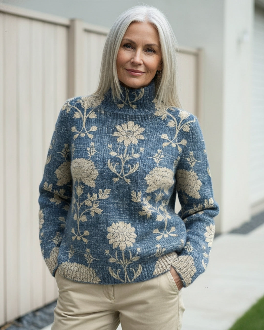 Janet | Polished Floral Knit Turtleneck Sweater