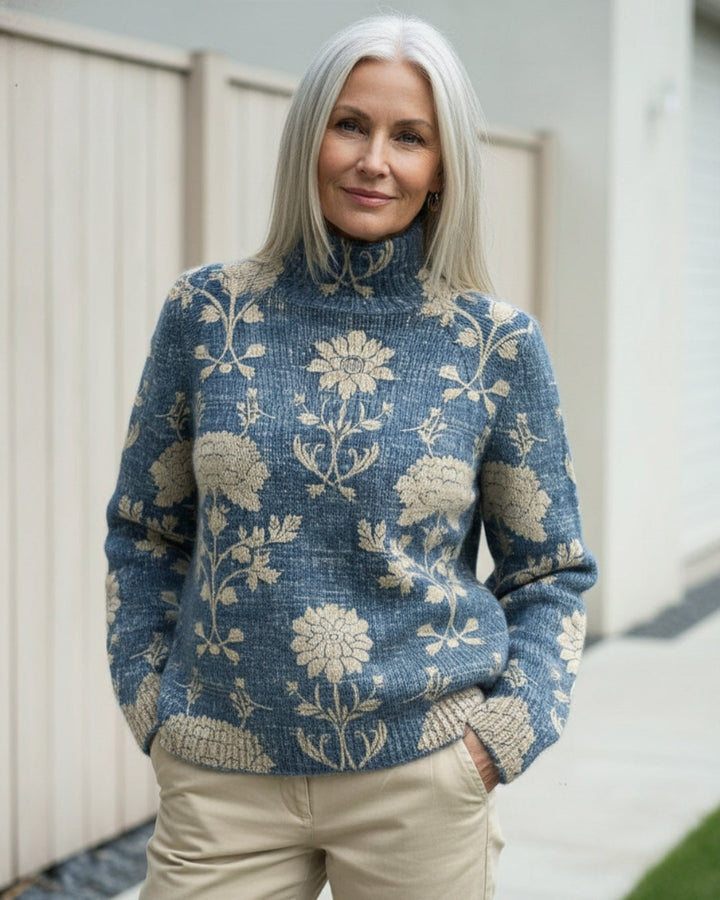 Janet | Polished Floral Knit Turtleneck Sweater