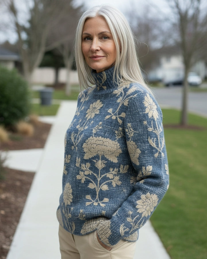 Janet | Polished Floral Knit Turtleneck Sweater