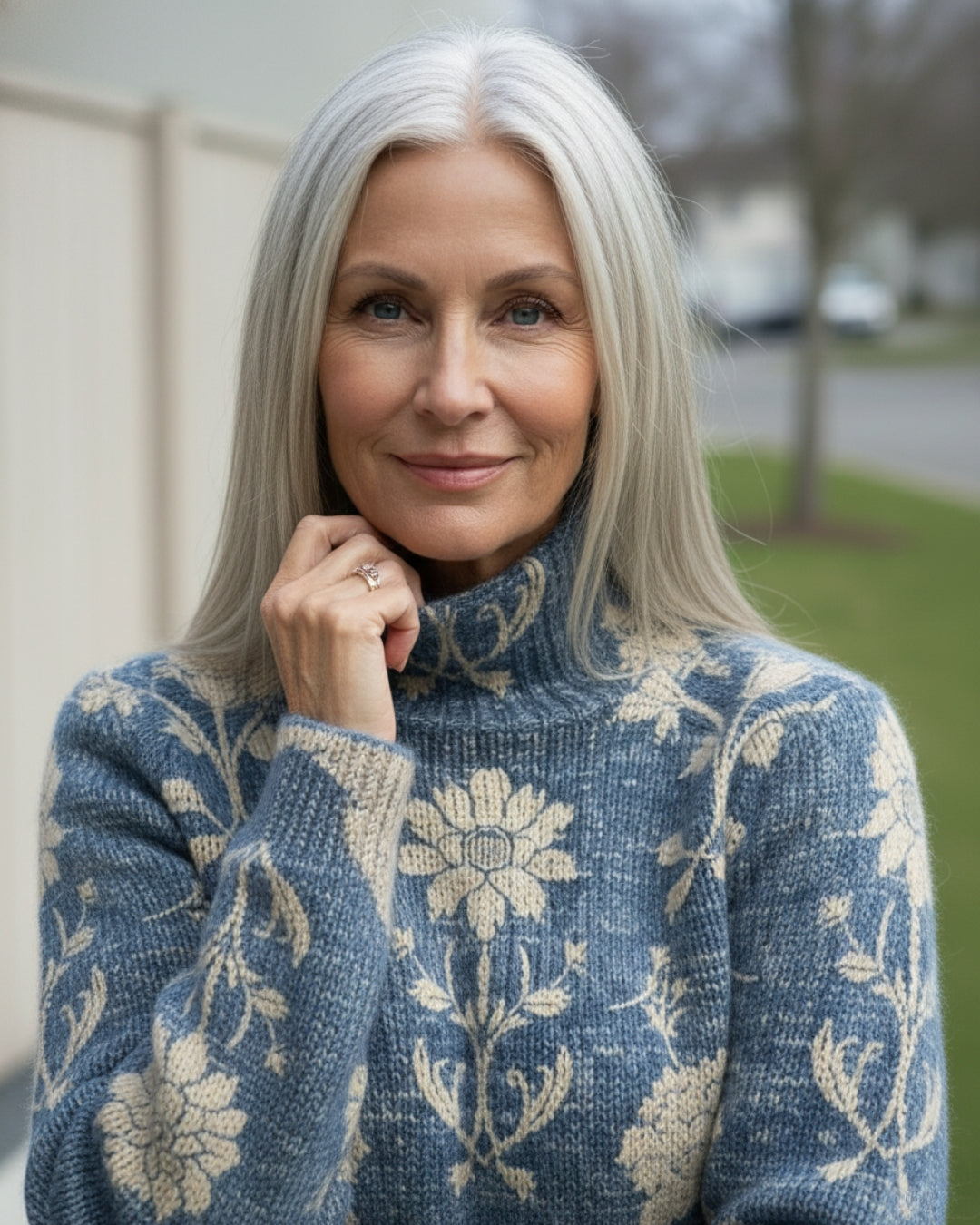Janet | Polished Floral Knit Turtleneck Sweater