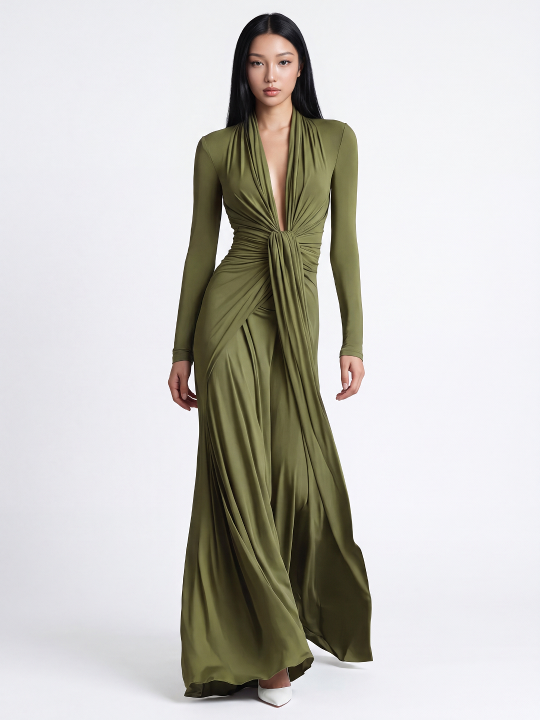 Janice | Effortless Ruched Maxi Holiday Dress with Deep V-Neck