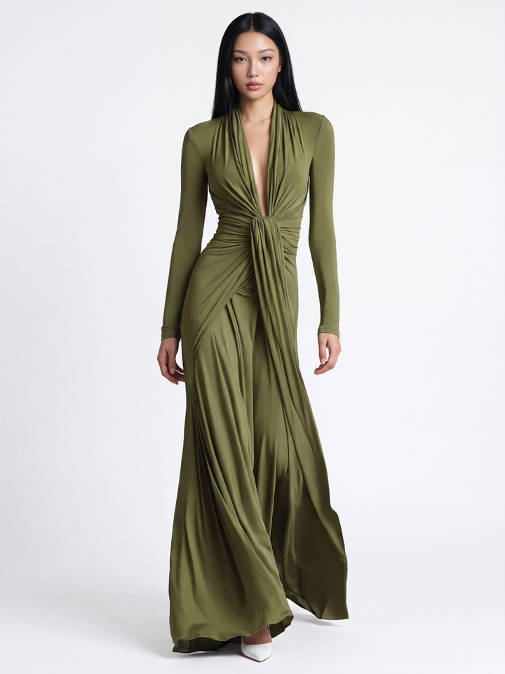 Janice | Effortless Ruched Maxi Holiday Dress with Deep V-Neck