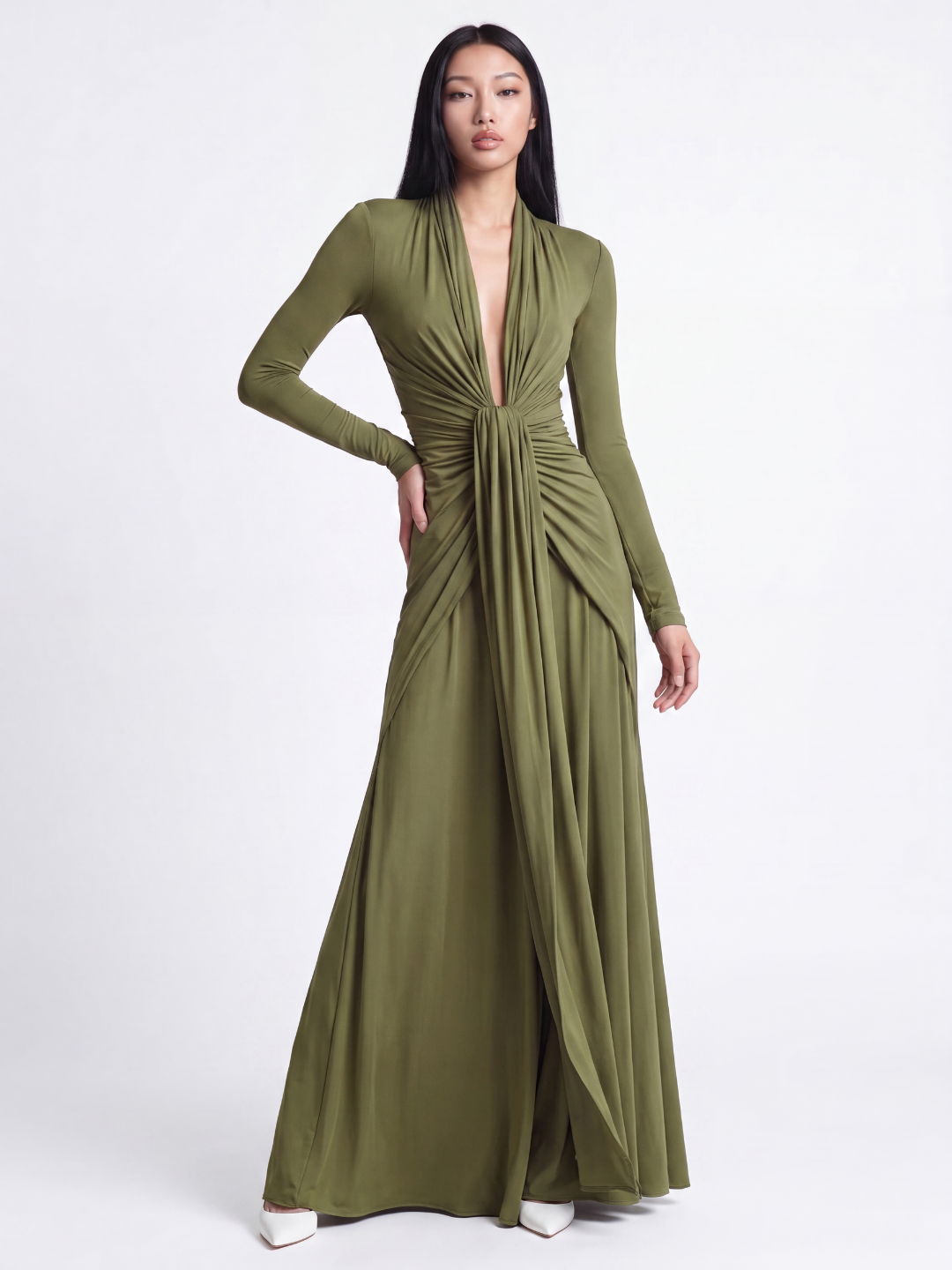 Janice | Effortless Ruched Maxi Holiday Dress with Deep V-Neck