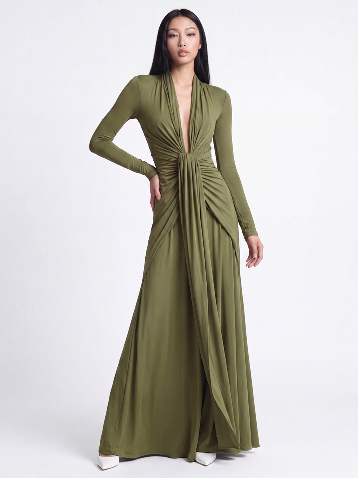 Janice | Effortless Ruched Maxi Holiday Dress with Deep V-Neck