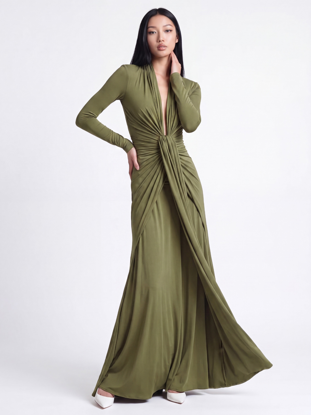 Janice | Effortless Ruched Maxi Holiday Dress with Deep V-Neck