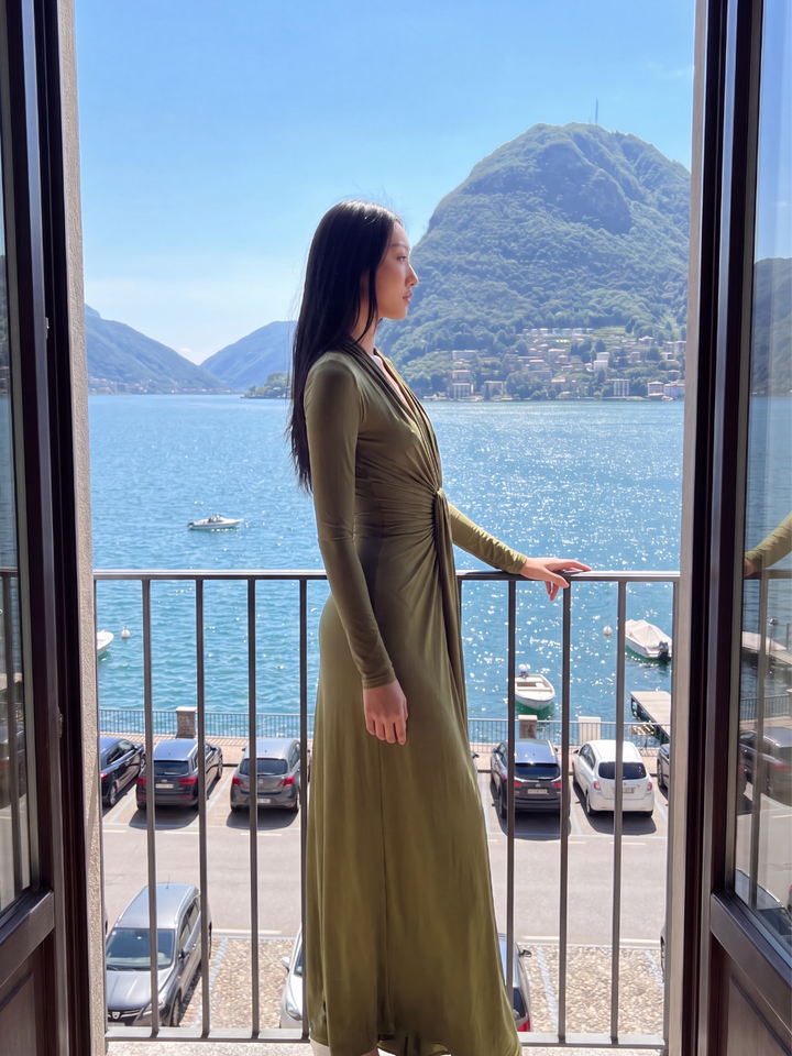 Janice | Effortless Ruched Maxi Holiday Dress with Deep V-Neck