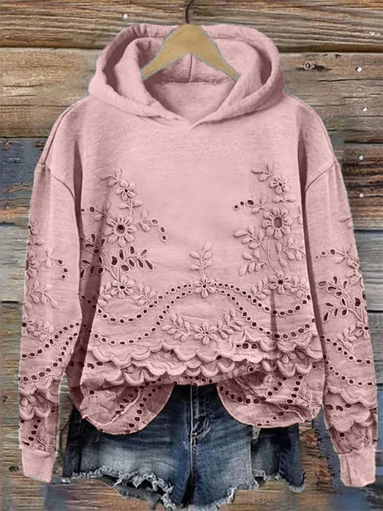 Janice | Timeless Floral Embroidered Scalloped Hem Hoodie