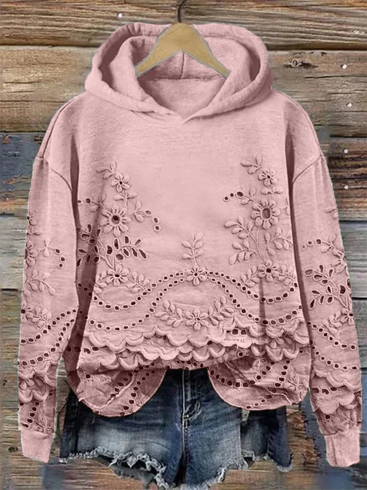 Janice | Timeless Floral Embroidered Scalloped Hem Hoodie