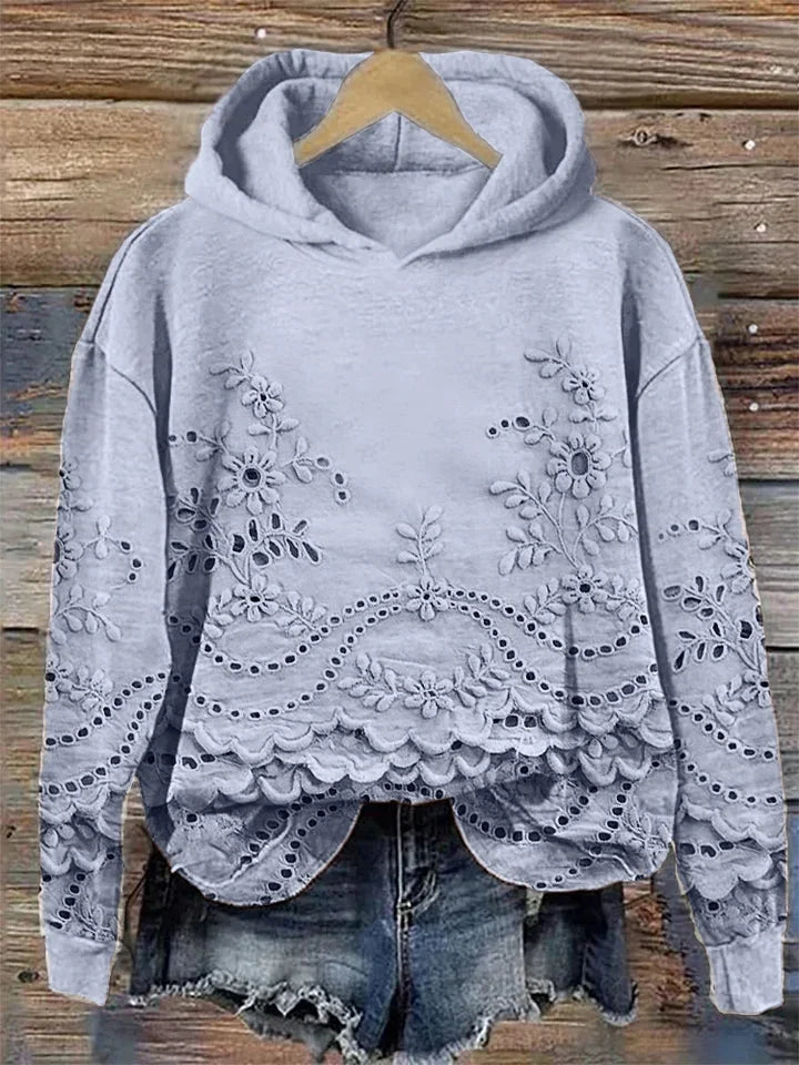 Janice | Timeless Floral Embroidered Scalloped Hem Hoodie