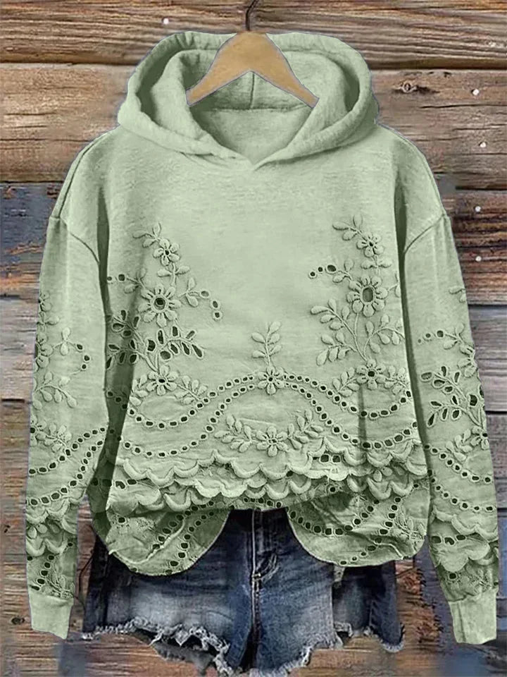Janice | Timeless Floral Embroidered Scalloped Hem Hoodie