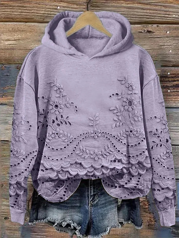 Janice | Timeless Floral Embroidered Scalloped Hem Hoodie
