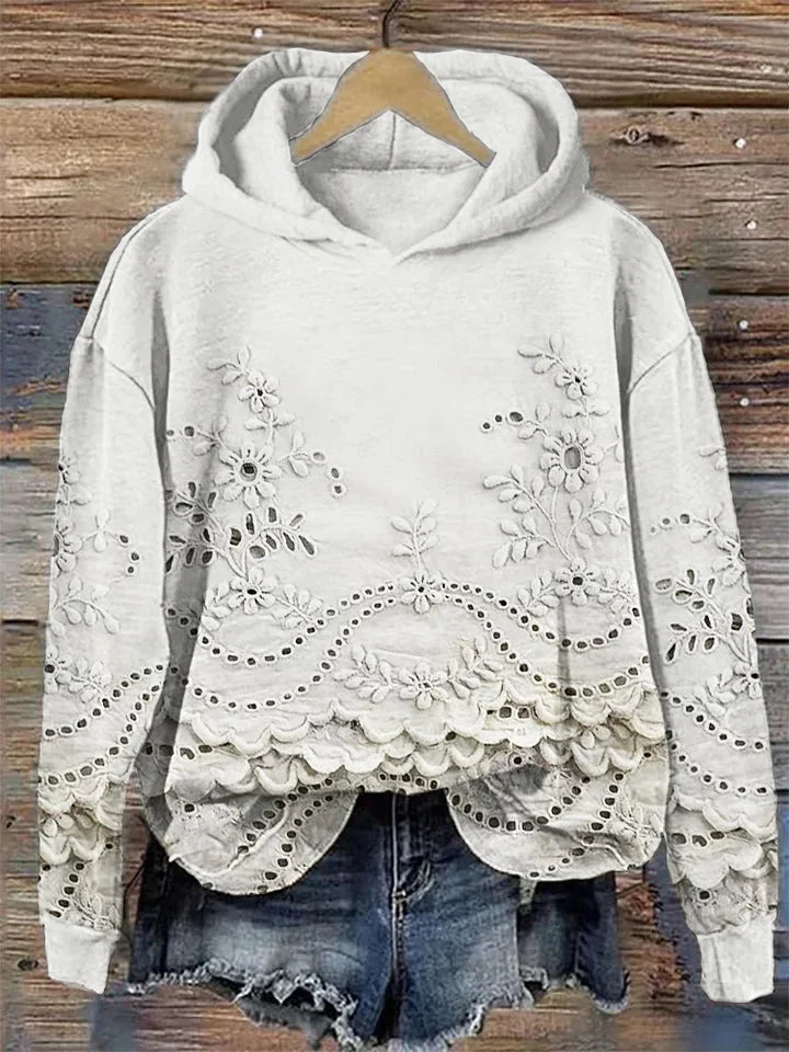 Janice | Timeless Floral Embroidered Scalloped Hem Hoodie