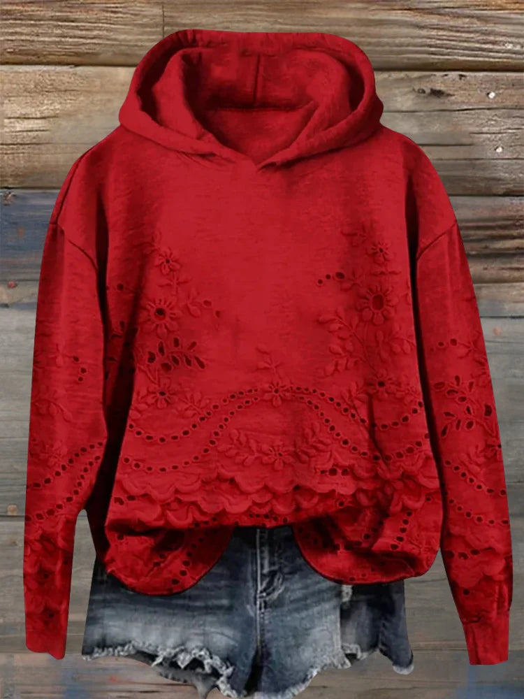 Janice | Timeless Floral Embroidered Scalloped Hem Hoodie