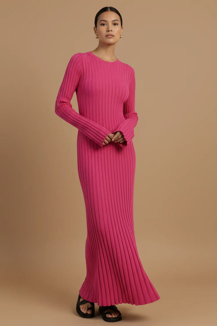 Jennifer | Timeless Ribbed Knit Sweater Dress with Pleated Maxi Skirt