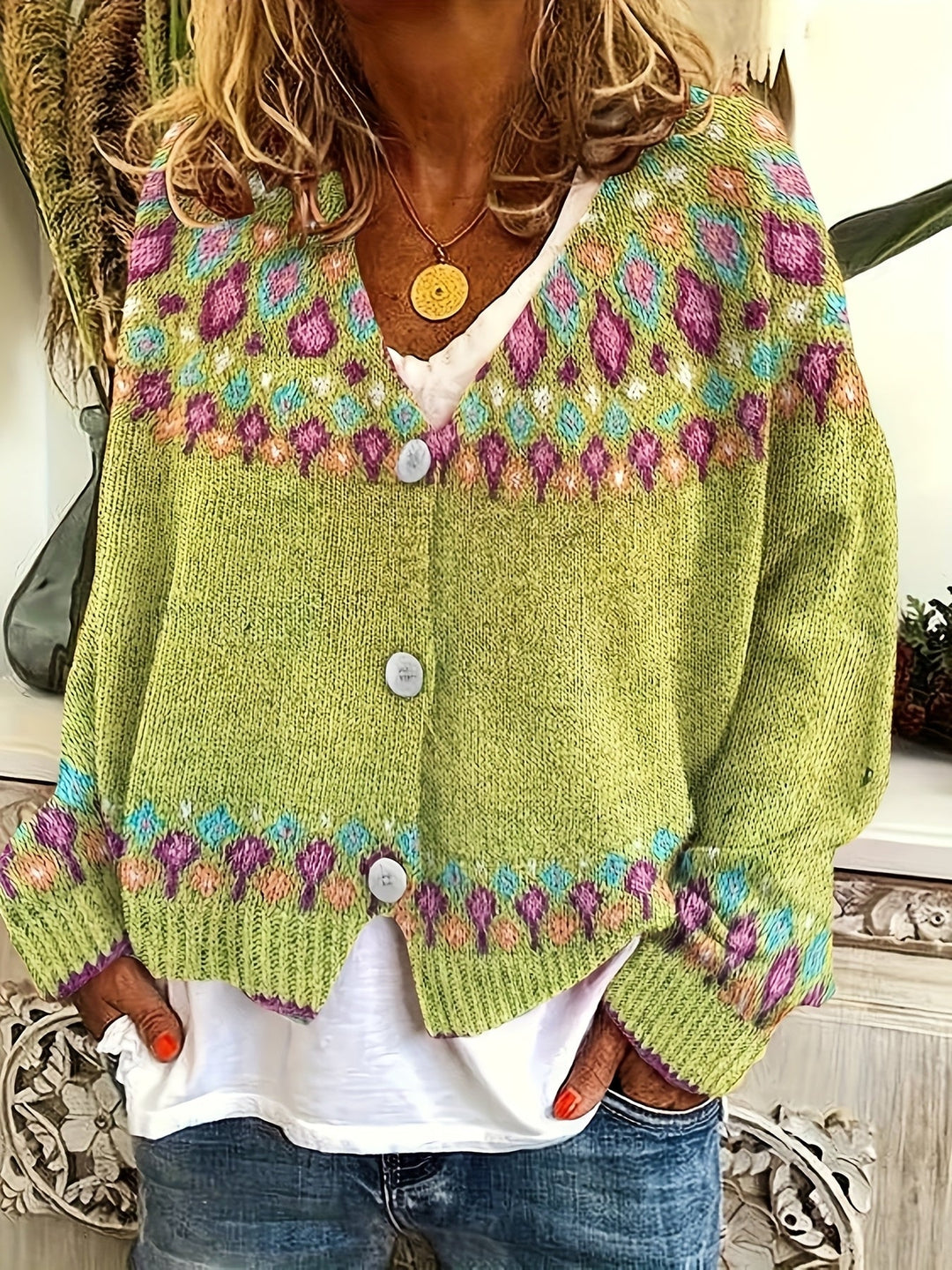 Joan | V-Neck Button-Front Fair Isle Cardigan Womens