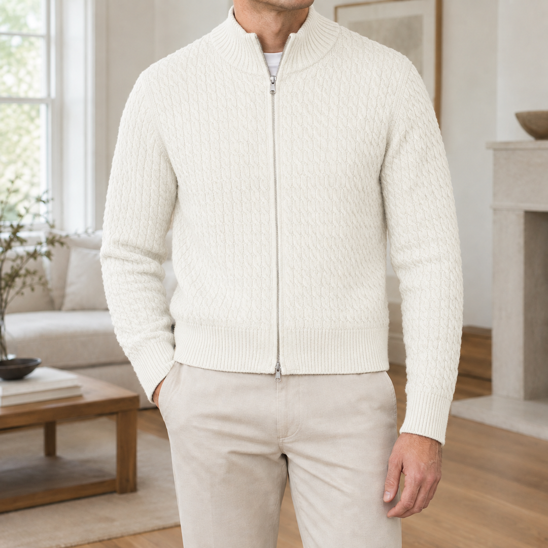 Jonathan | Sophisticated Full Zip Chunky Cable Knit Sweater