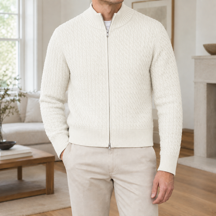 Jonathan | Sophisticated Full Zip Chunky Cable Knit Sweater