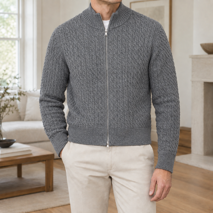 Jonathan | Sophisticated Full Zip Chunky Cable Knit Sweater