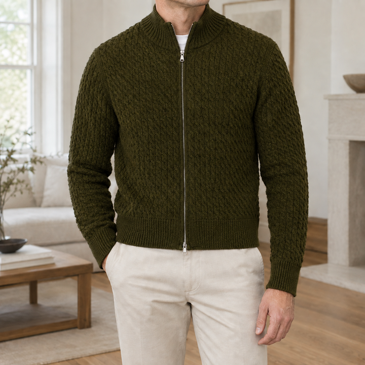 Jonathan | Sophisticated Full Zip Chunky Cable Knit Sweater