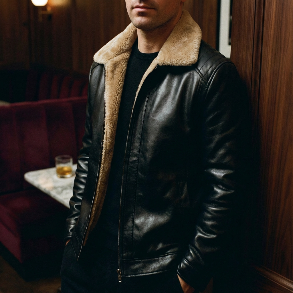 Jonathan | Sophisticated Shearling Collar Leather Bomber Jacket