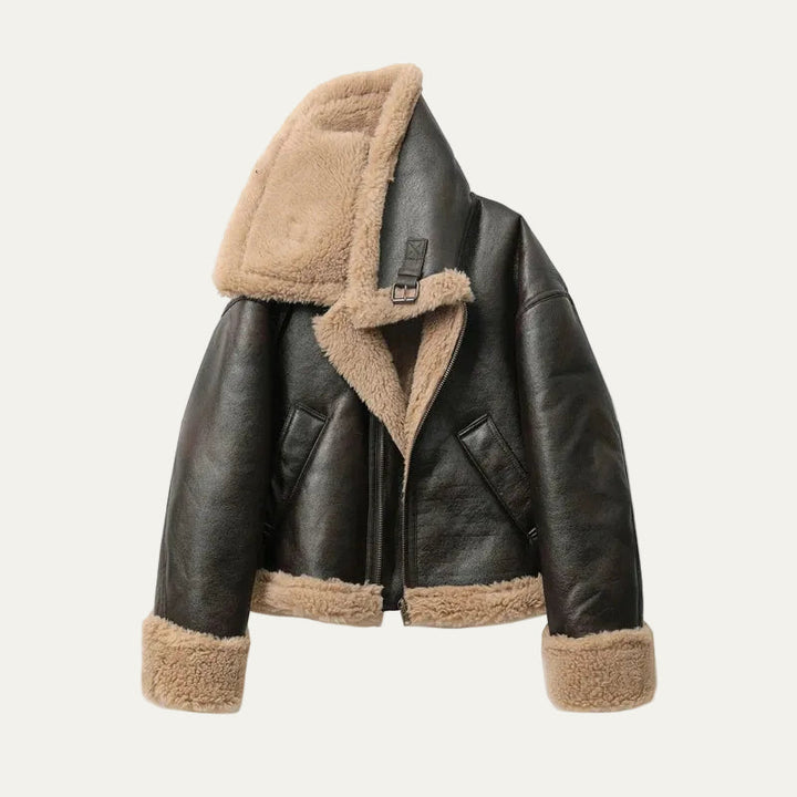 Joyce | Relaxed Shearling Collar Aviator Leather Jacket