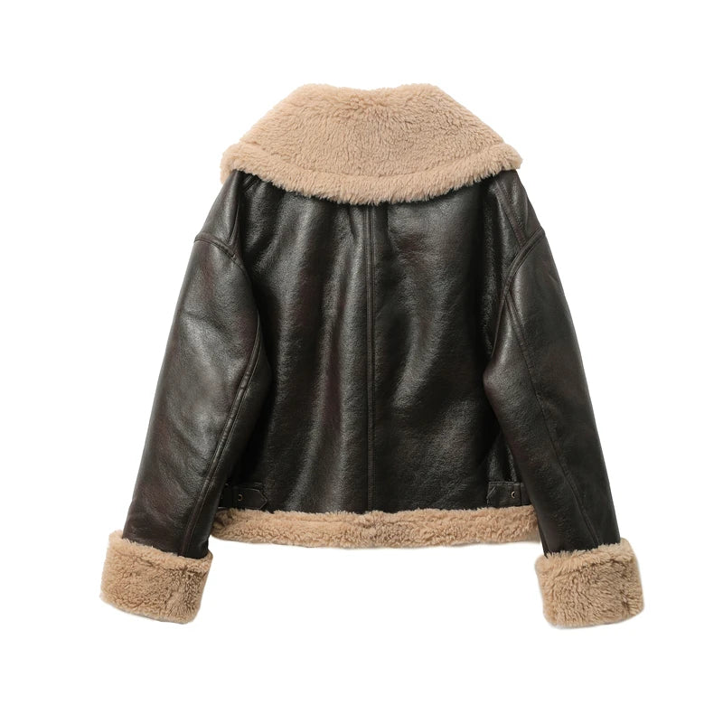 Joyce | Relaxed Shearling Collar Aviator Leather Jacket