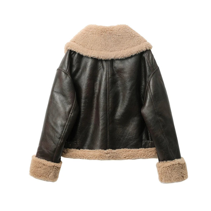 Joyce | Relaxed Shearling Collar Aviator Leather Jacket