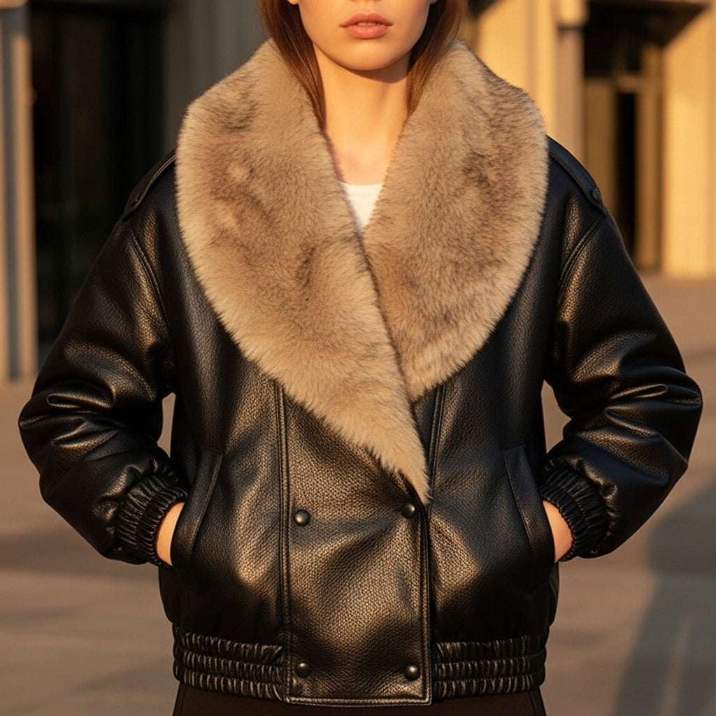 Joyce | Timeless Plush Collar Double-Breasted Leather Jacket