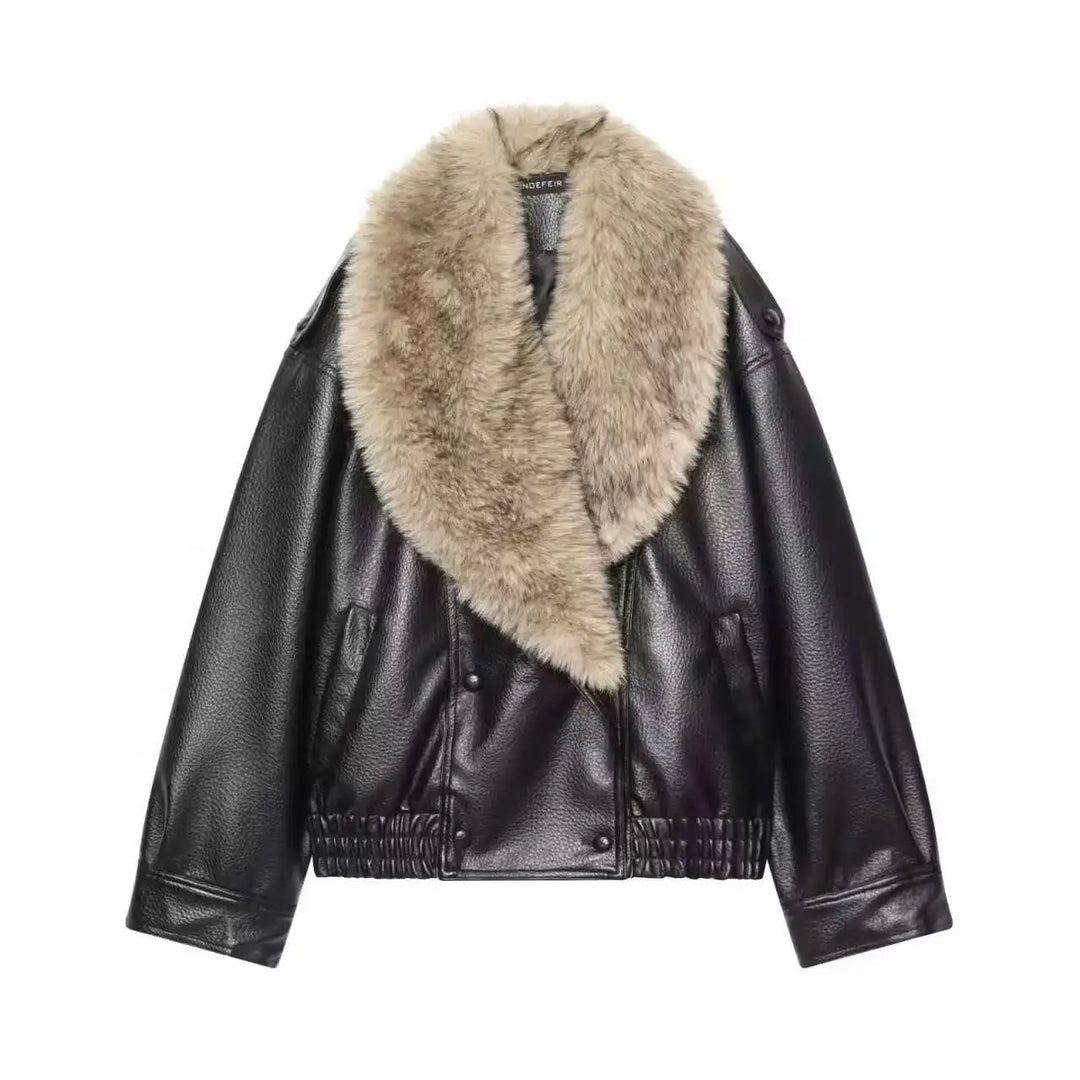 Joyce | Timeless Plush Collar Double-Breasted Leather Jacket