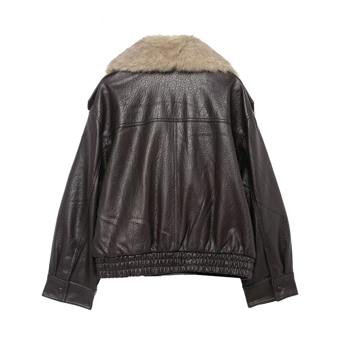 Joyce | Timeless Plush Collar Double-Breasted Leather Jacket