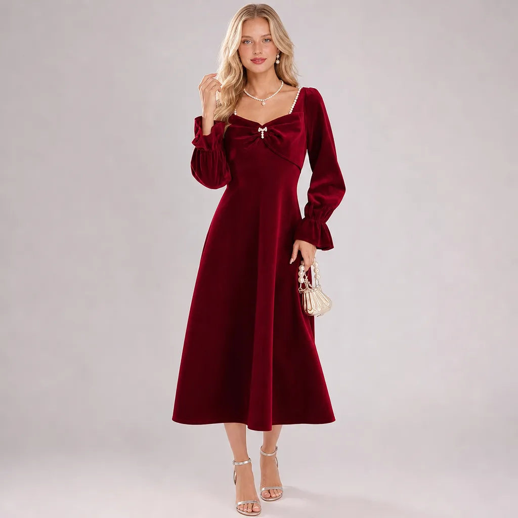 Judy | Graceful Long Sleeve A-Line Midi Christmas Dress