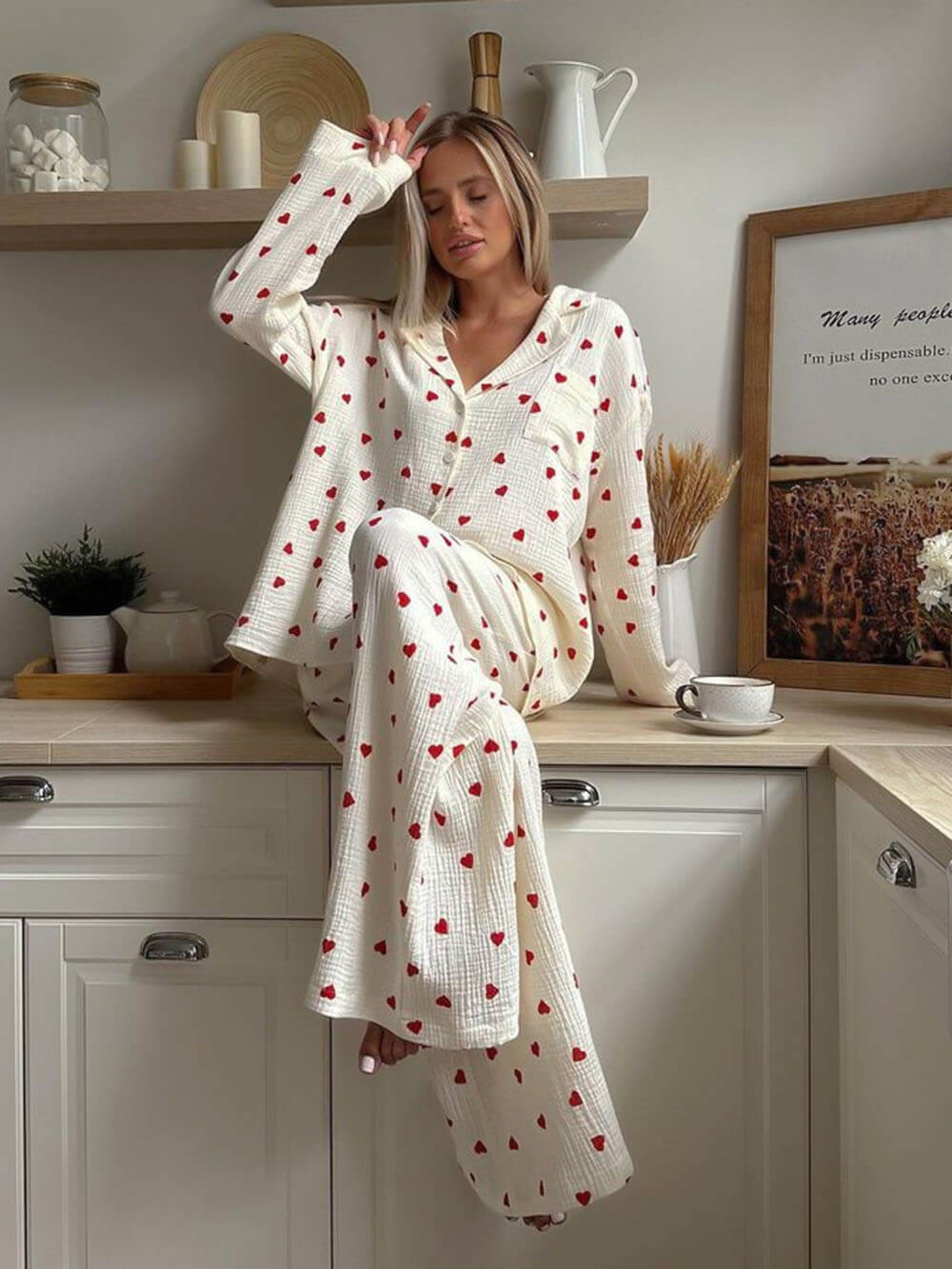 Judy | Refined Heart Print Wide Leg Pajamas