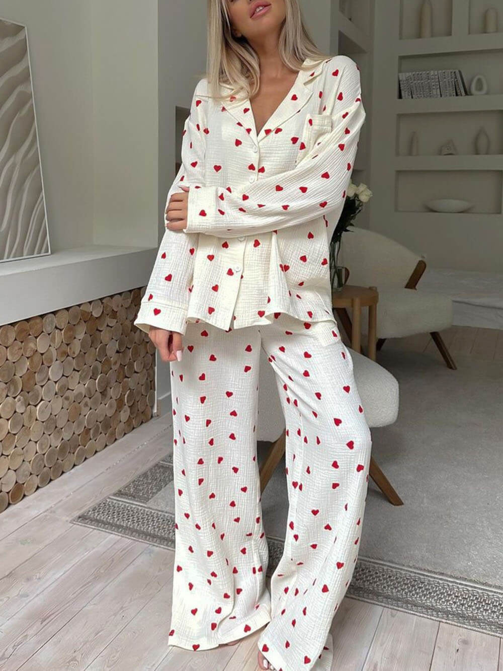 Judy | Refined Heart Print Wide Leg Pajamas
