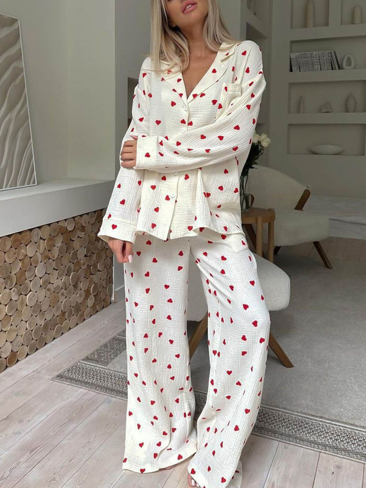 Judy | Refined Heart Print Wide Leg Pajamas