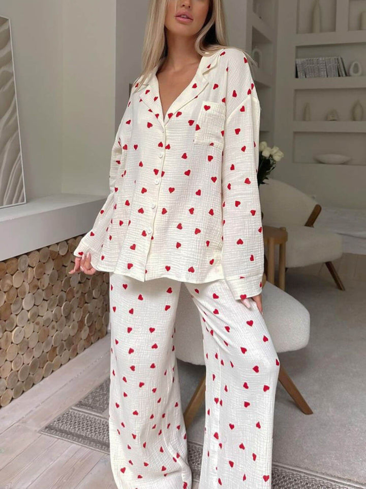 Judy | Refined Heart Print Wide Leg Pajamas