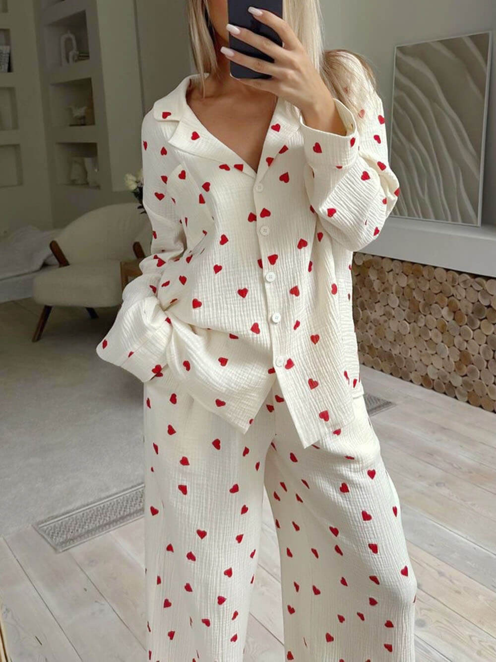 Judy | Refined Heart Print Wide Leg Pajamas