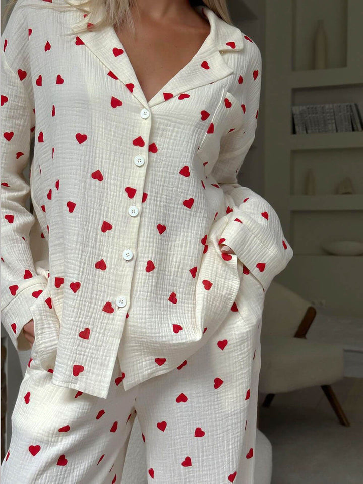 Judy | Refined Heart Print Wide Leg Pajamas