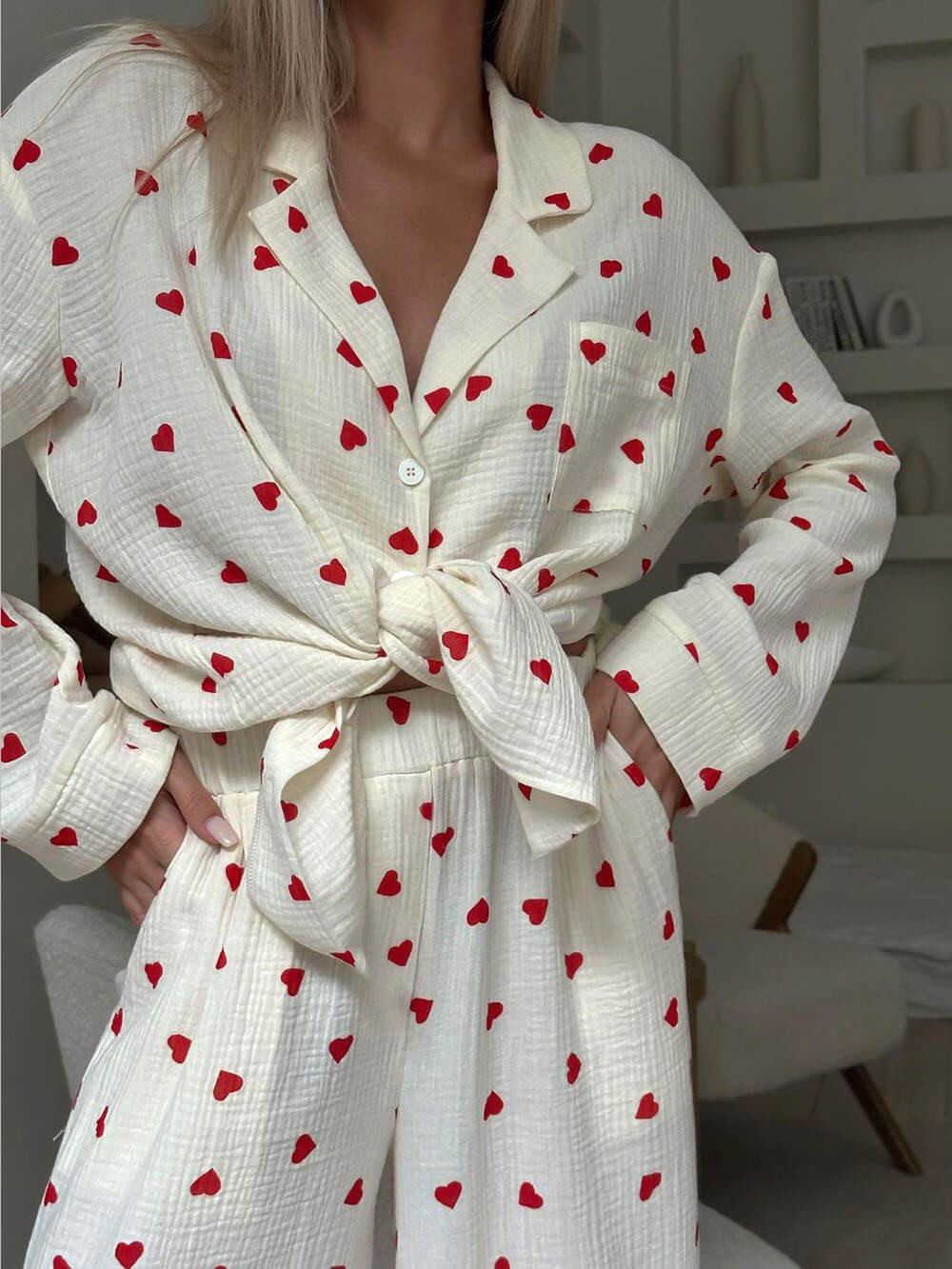 Judy | Refined Heart Print Wide Leg Pajamas