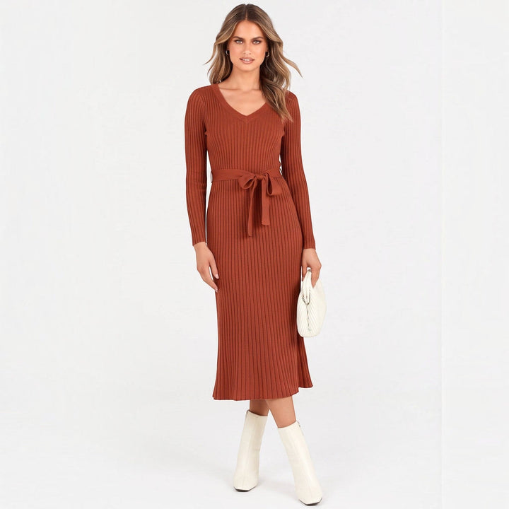 Judy | Stylish Ribbed Cable Knit Winter Midi Sweater Dress