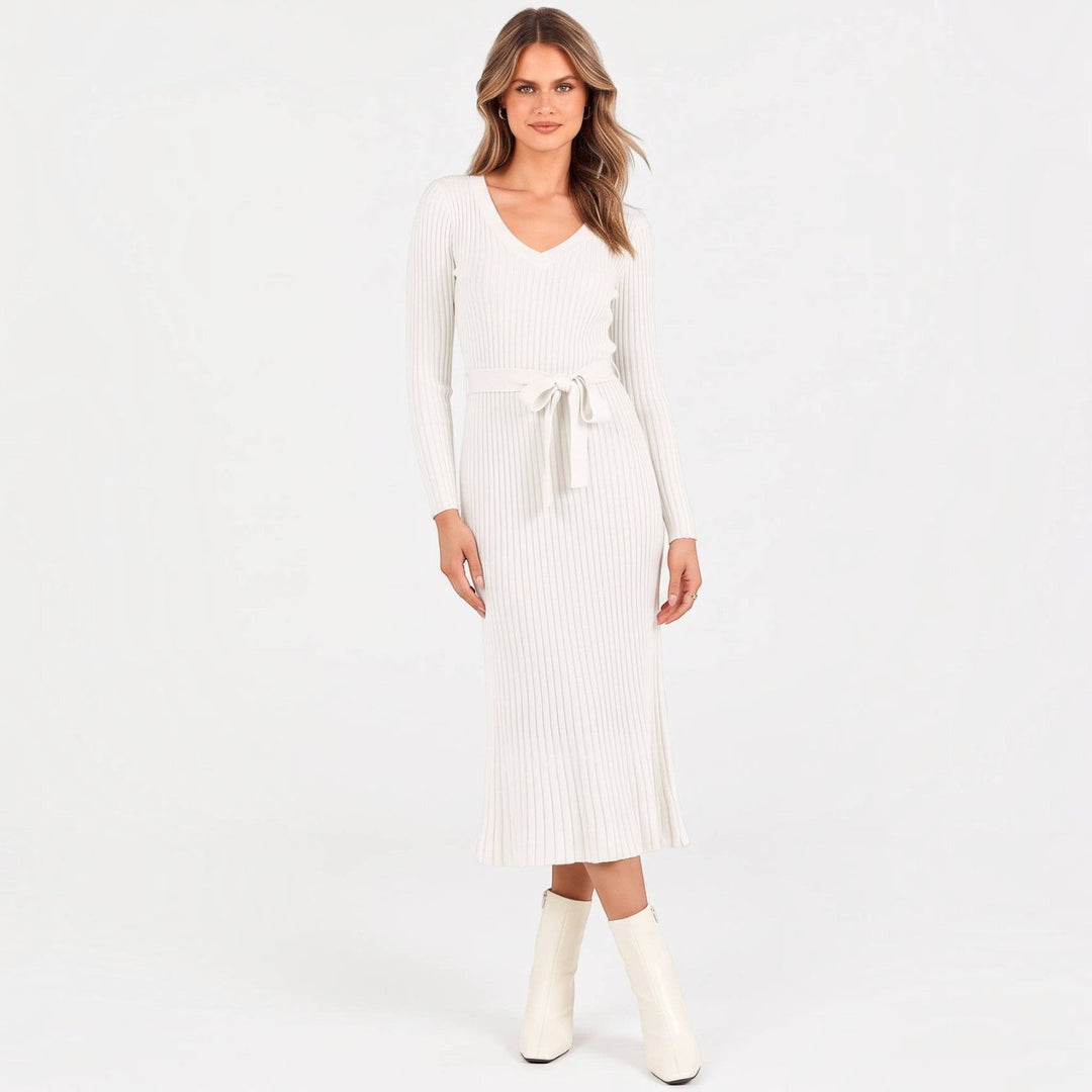 Judy | Stylish Ribbed Cable Knit Winter Midi Sweater Dress