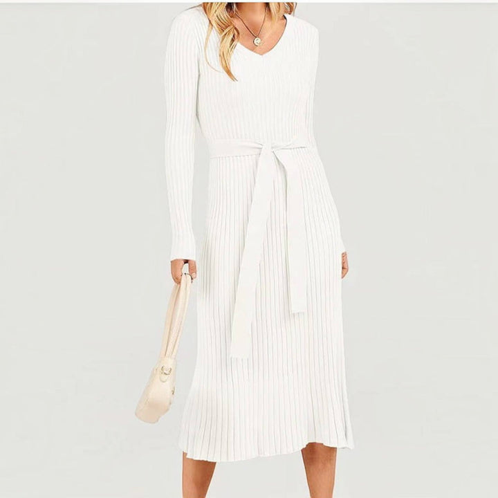 Judy | Stylish Ribbed Cable Knit Winter Midi Sweater Dress