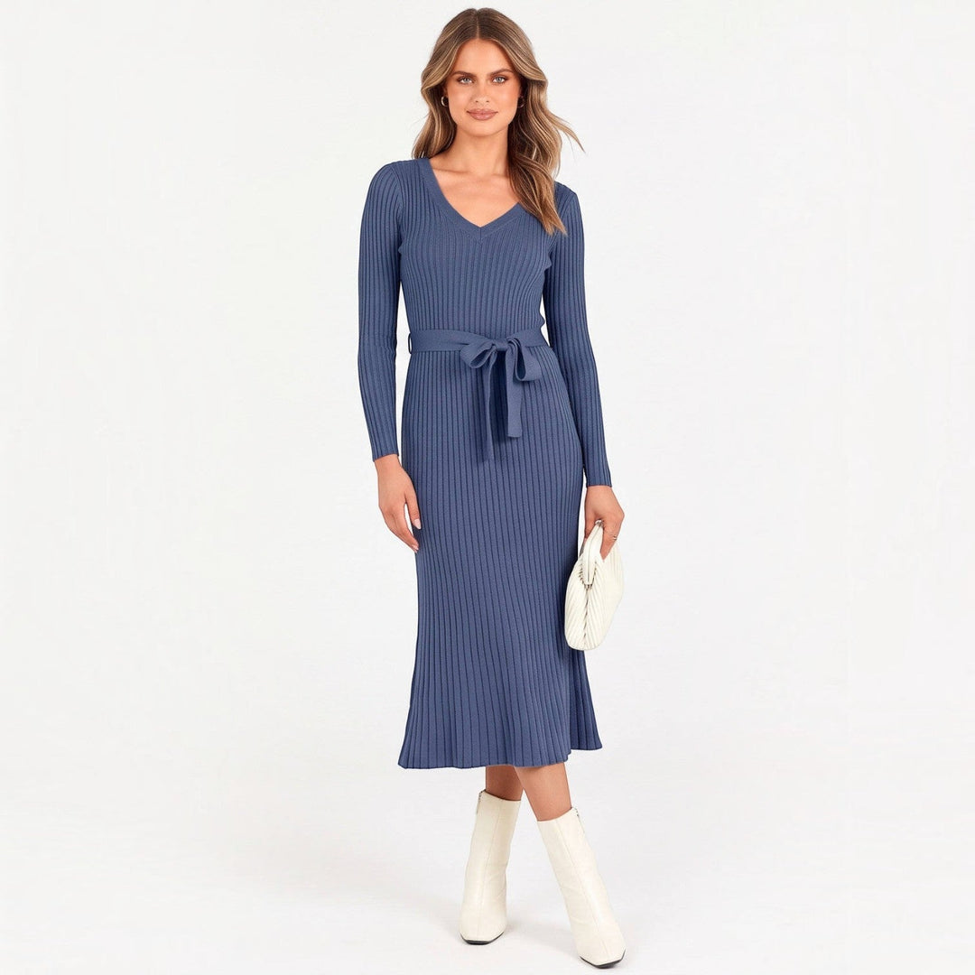 Judy | Stylish Ribbed Cable Knit Winter Midi Sweater Dress