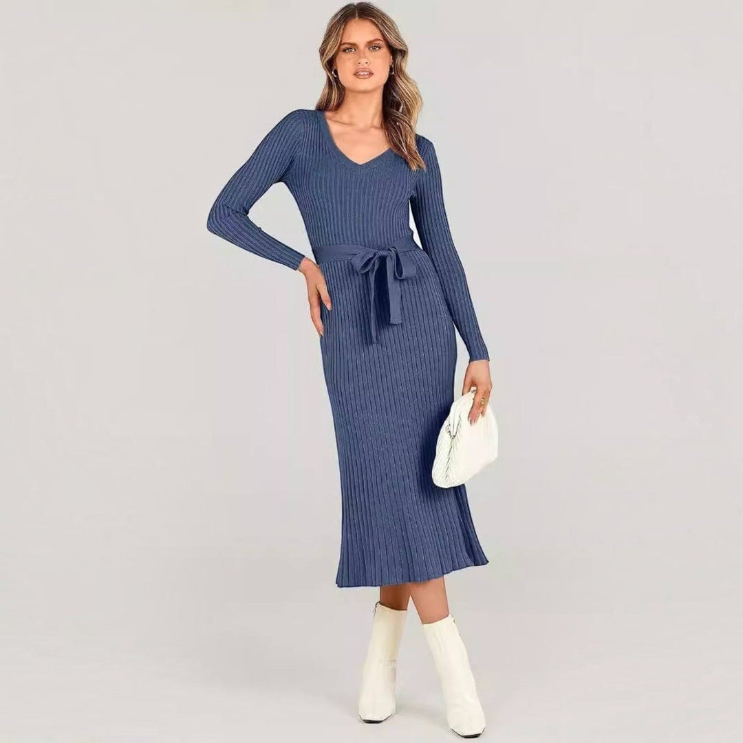 Judy | Stylish Ribbed Cable Knit Winter Midi Sweater Dress